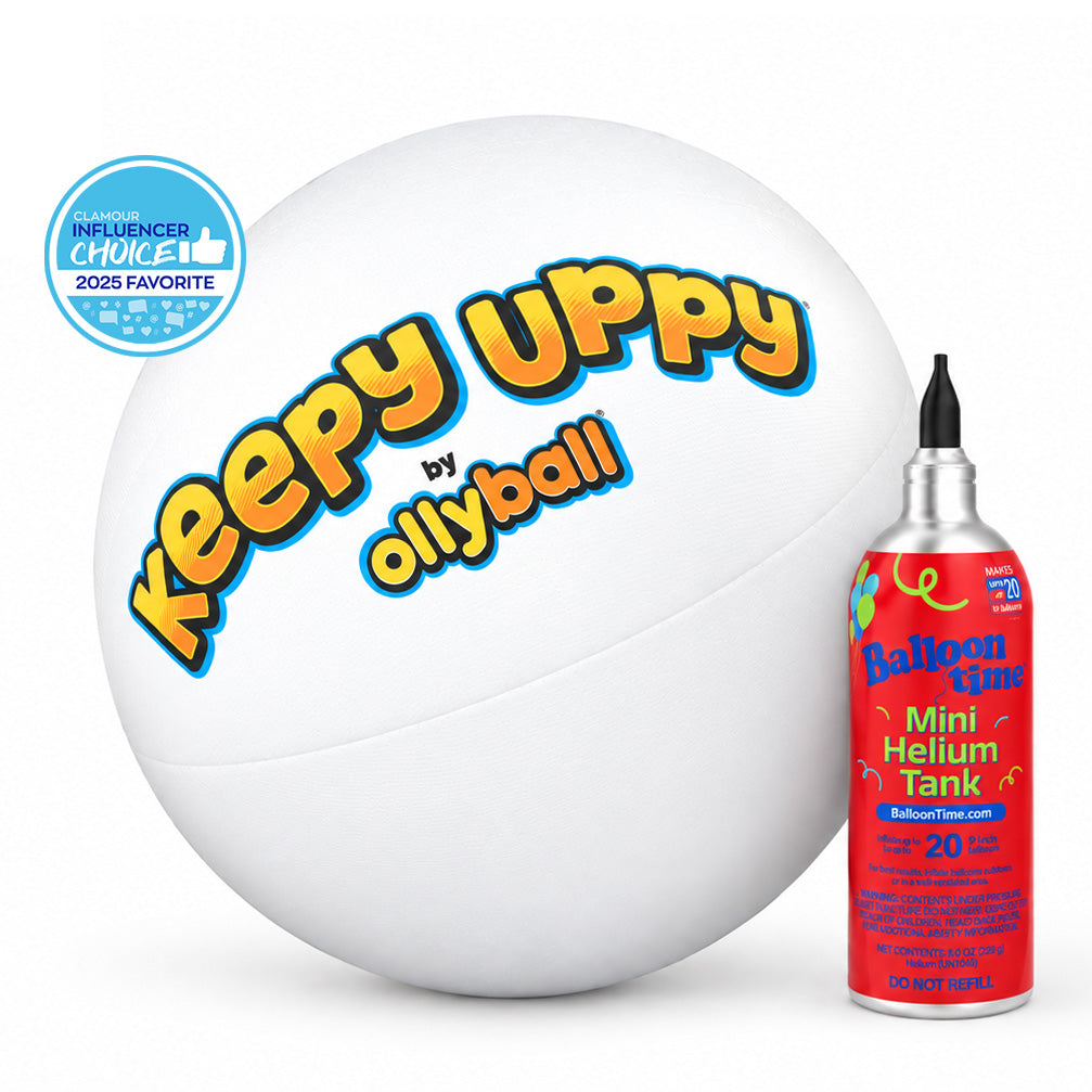 White 22-inch Keepy Uppy® MEGA ball with its Balloon Time mini helium tank and Influencer Choice 2025 Favorite badge