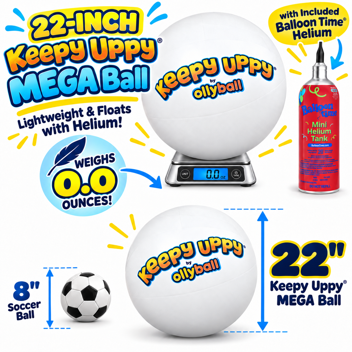 Keepy Uppy® MEGA ball size chart: 22 inches next to an 8-inch soccer ball; filled with helium it weighs 0.0 oz