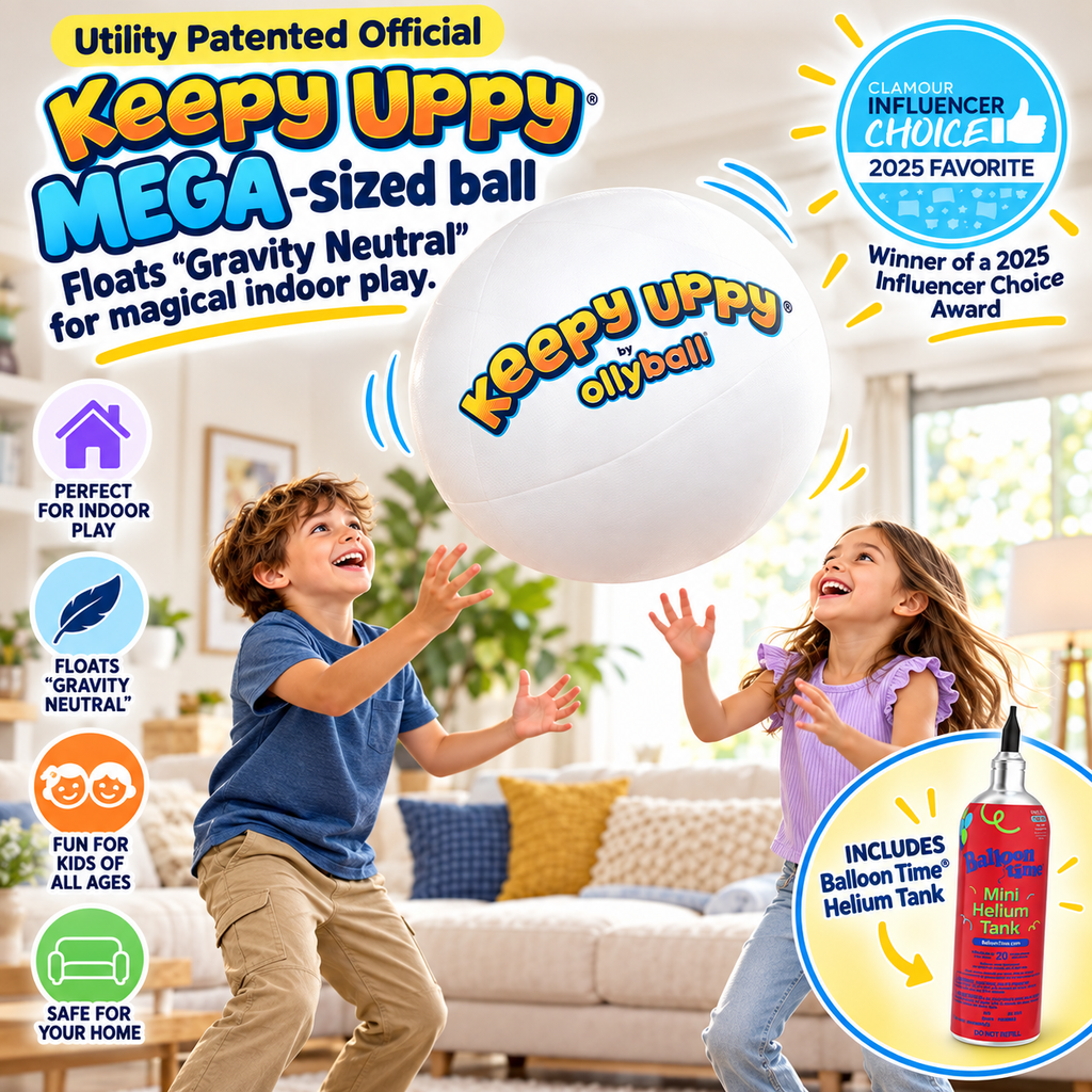 Two kids reaching for the floating Keepy Uppy® MEGA ball in a living room; helium makes it float gravity-neutral